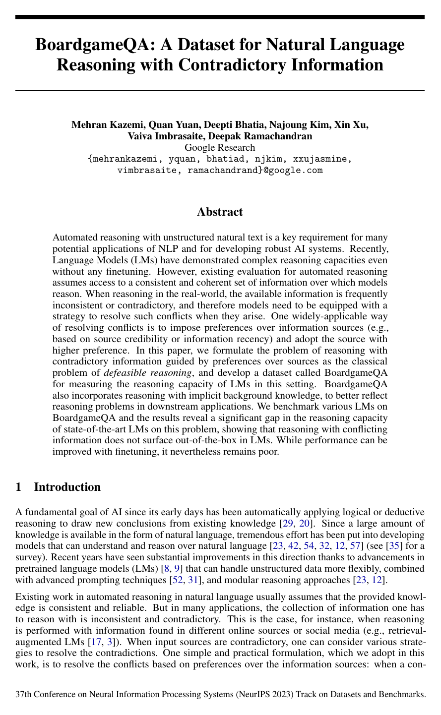 Cover for BoardgameQA: A Dataset for Natural Language Reasoning with Contradictory Information