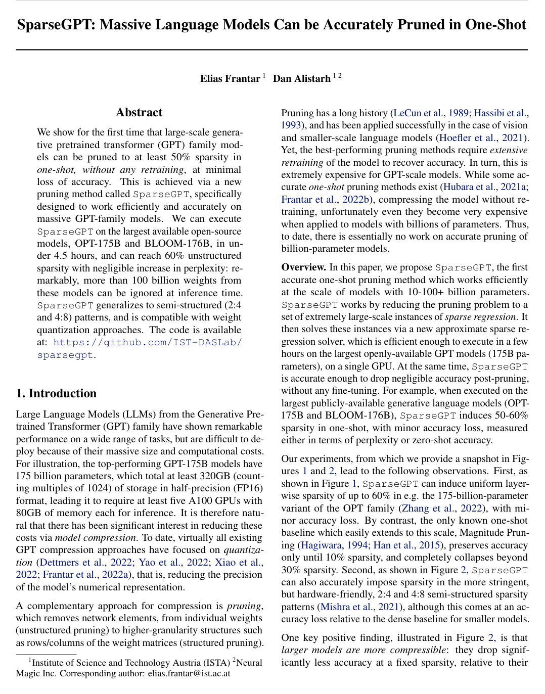 Cover for SparseGPT: Massive Language Models Can Be Accurately Pruned in One-Shot