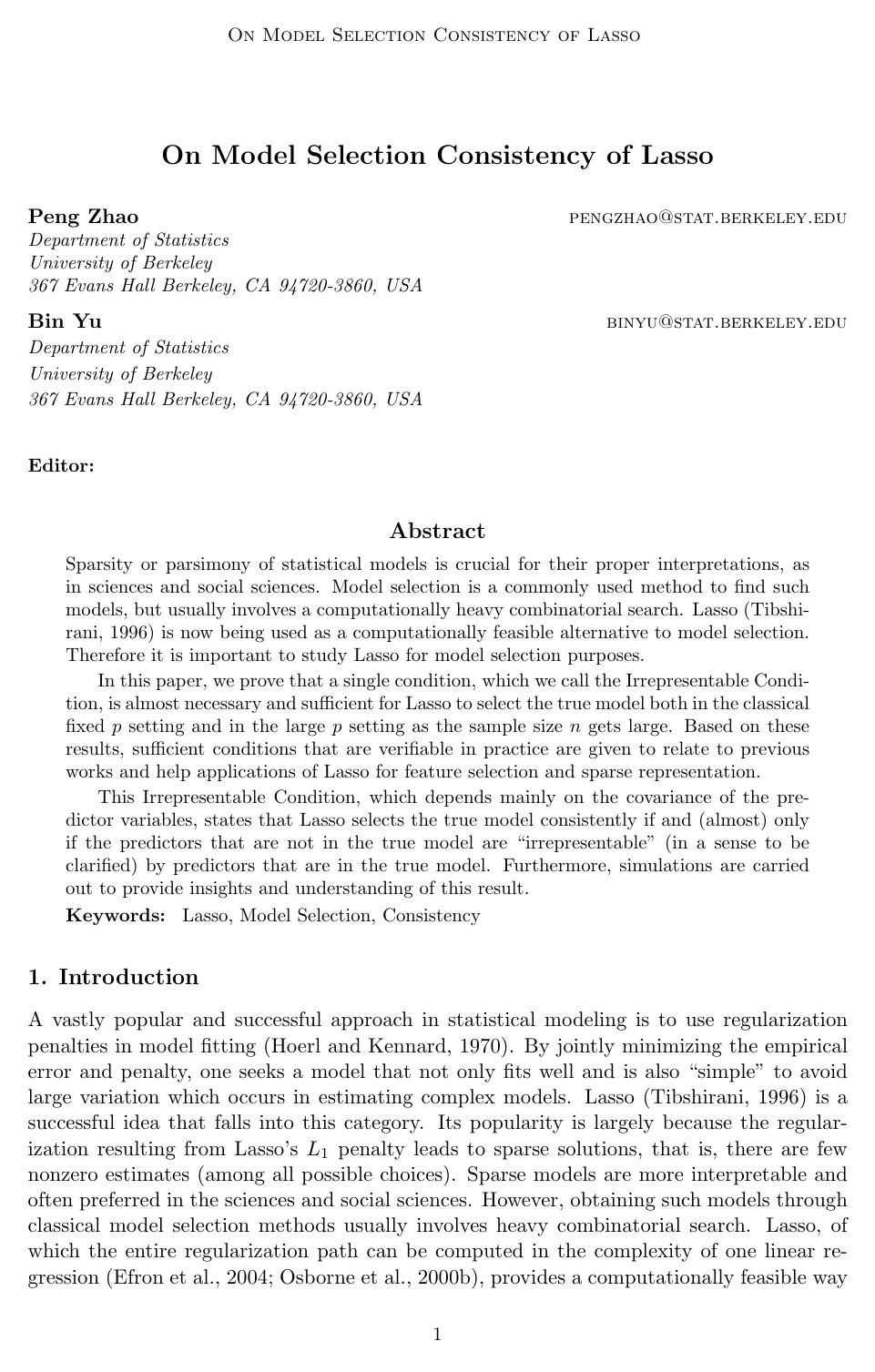 On Model Selection Consistency of Lasso