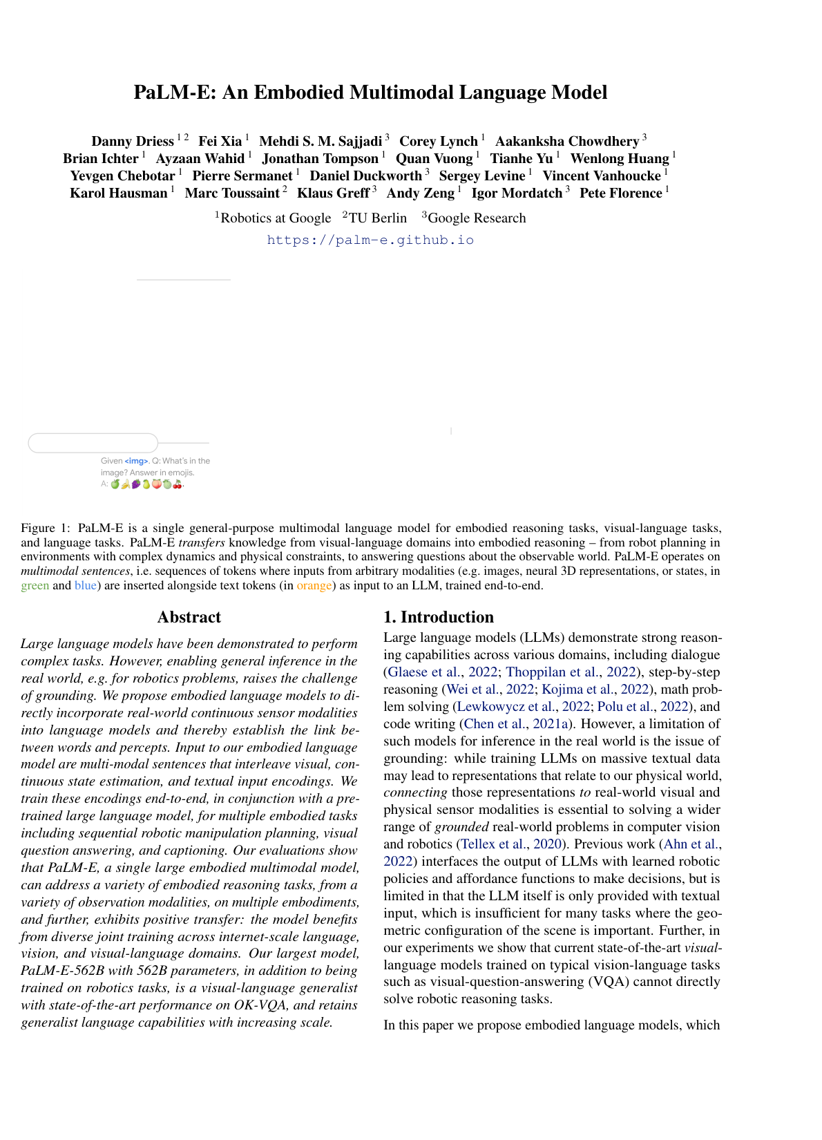 PaLM-E: An Embodied Multimodal Language Model