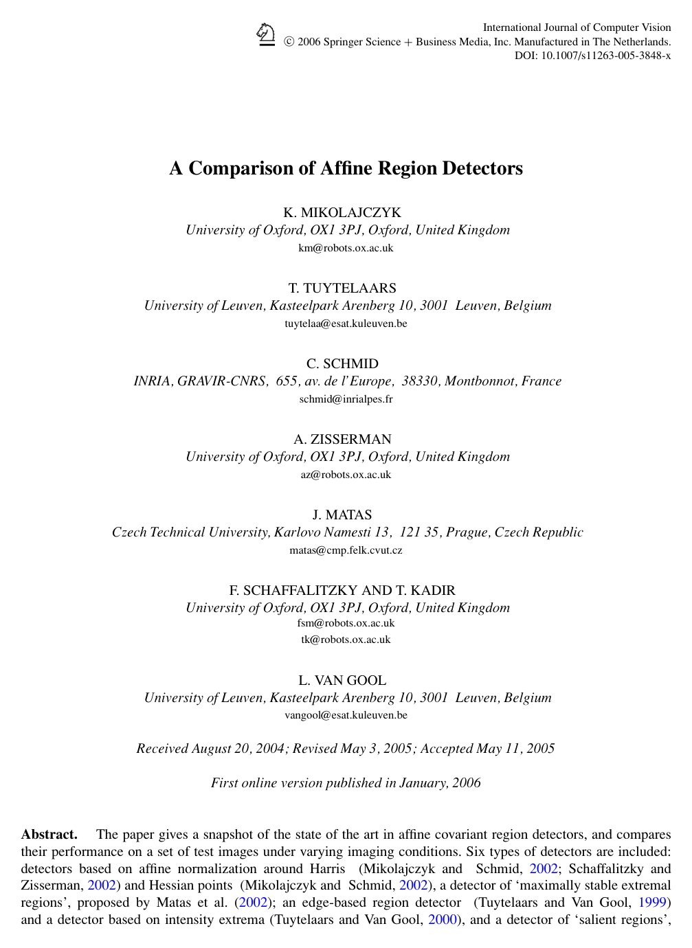 Cover for A Comparison of Affine Region Detectors