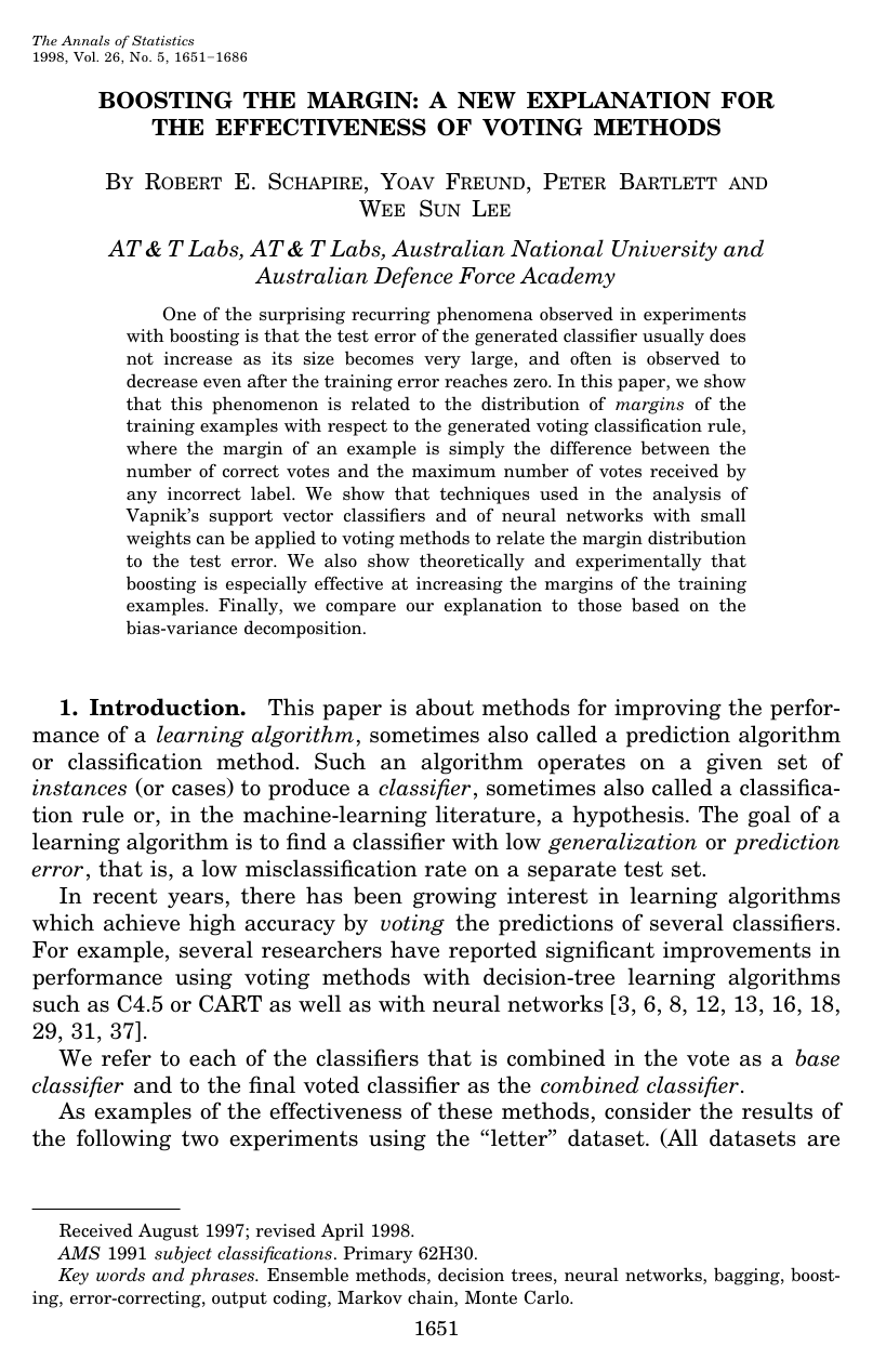 Cover for Boosting the margin: A new explanation for the effectiveness of voting methods