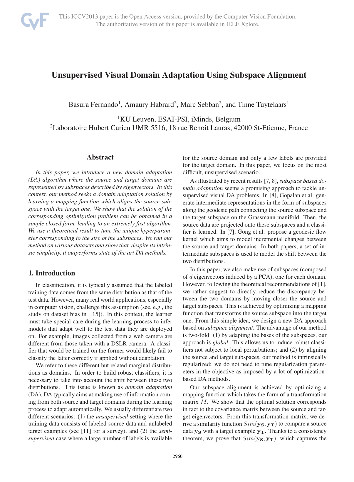 Cover for Unsupervised Visual Domain Adaptation Using Subspace Alignment