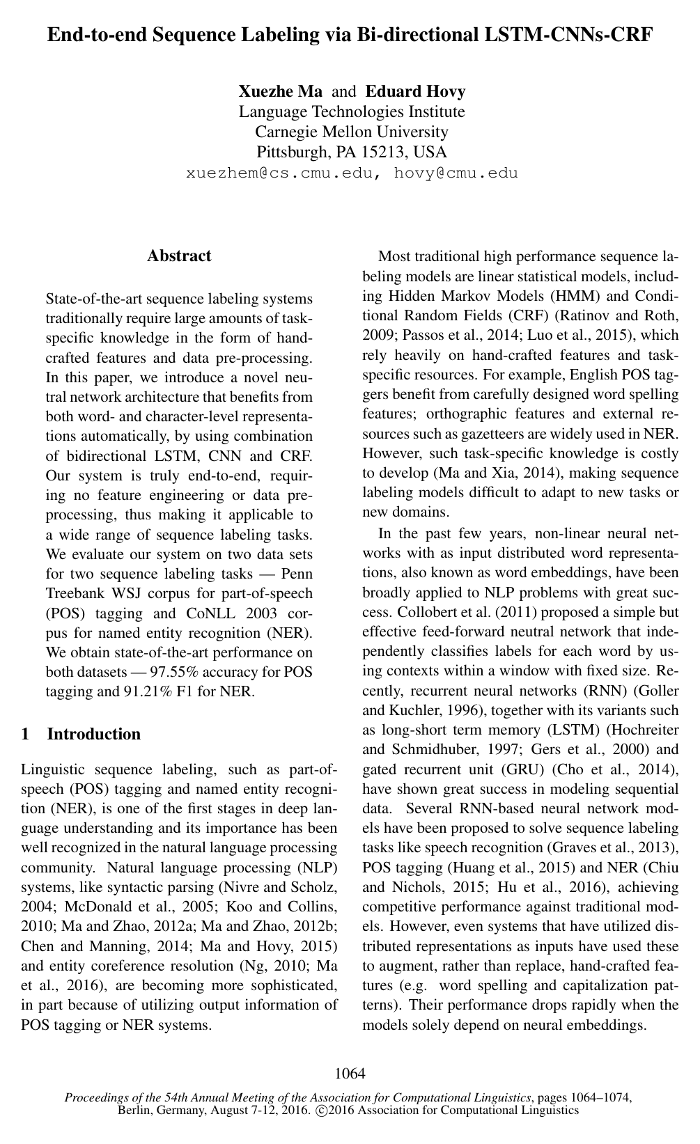 Cover for End-to-end Sequence Labeling via Bi-directional LSTM-CNNs-CRF