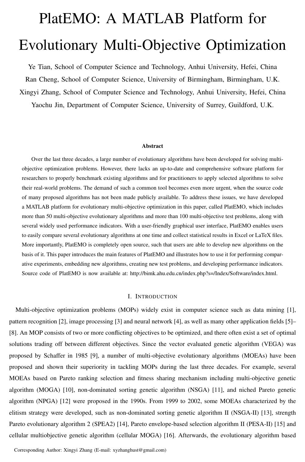 Cover for PlatEMO: A MATLAB Platform for Evolutionary Multi-Objective Optimization [Educational Forum]
