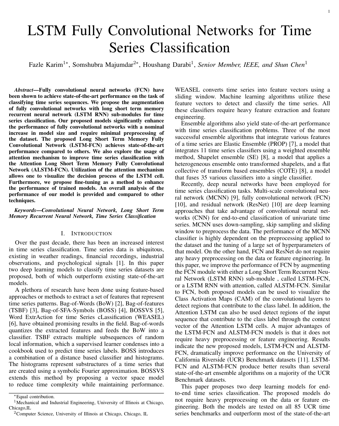 LSTM Fully Convolutional Networks for Time Series Classification