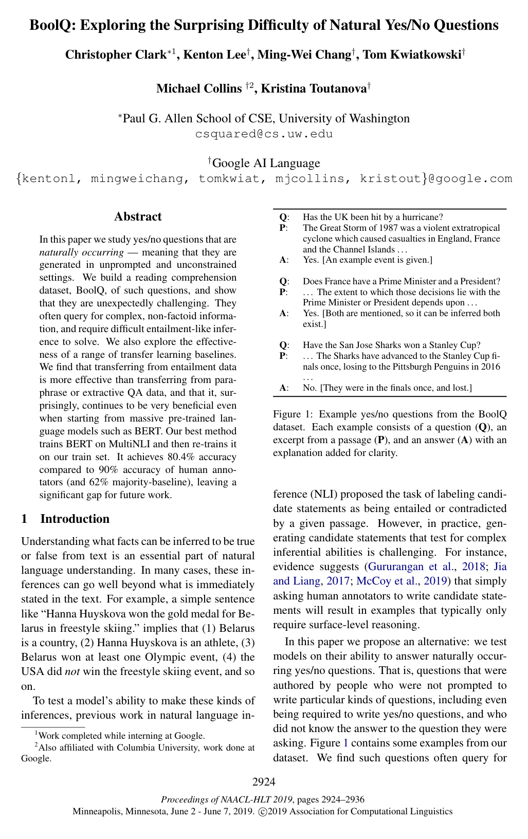Cover for BoolQ: Exploring the Surprising Difficulty of Natural Yes/No Questions