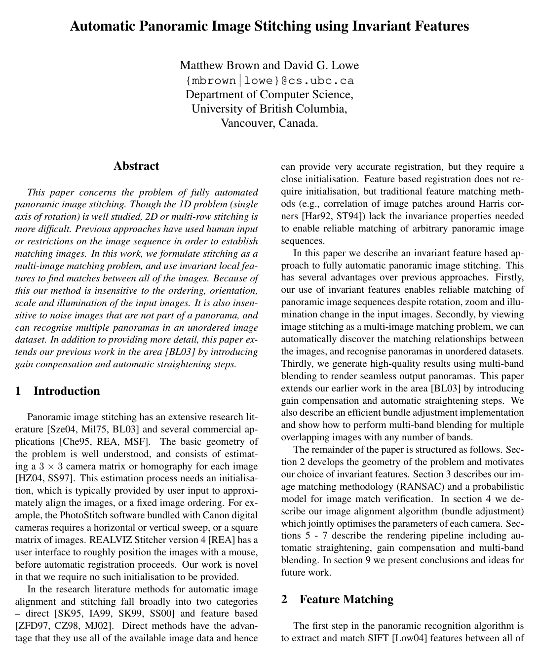 Cover for Automatic Panoramic Image Stitching using Invariant Features