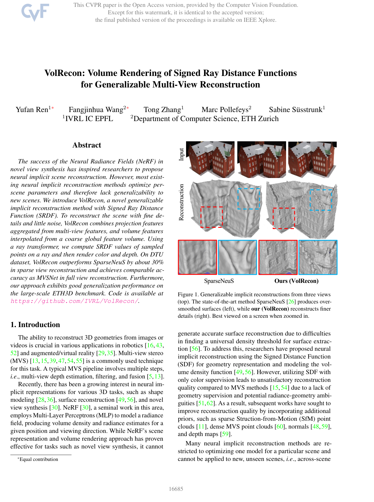 Cover for VolRecon: Volume Rendering of Signed Ray Distance Functions for Generalizable Multi-View Reconstruction