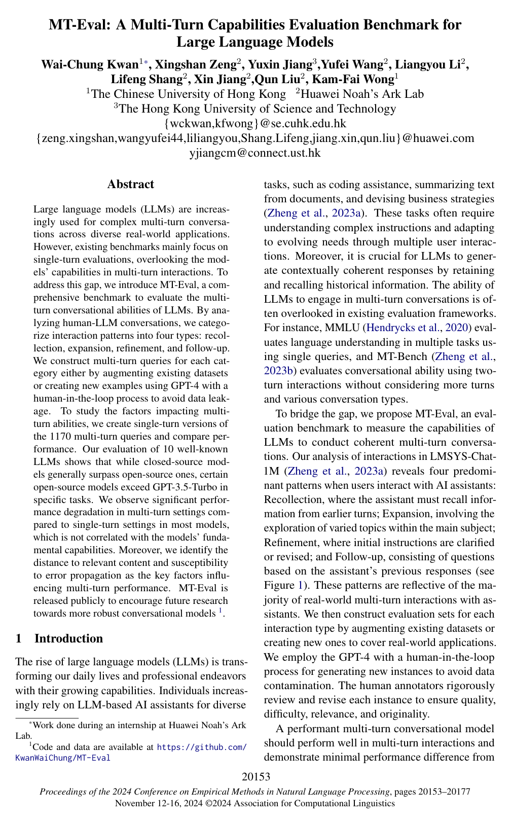 MT-Eval: A Multi-Turn Capabilities Evaluation Benchmark for Large Language Models