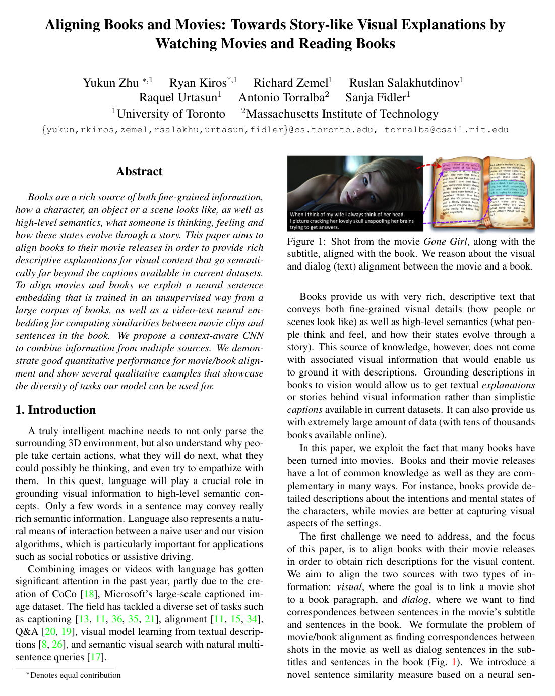 Cover for Aligning Books and Movies: Towards Story-Like Visual Explanations by Watching Movies and Reading Books