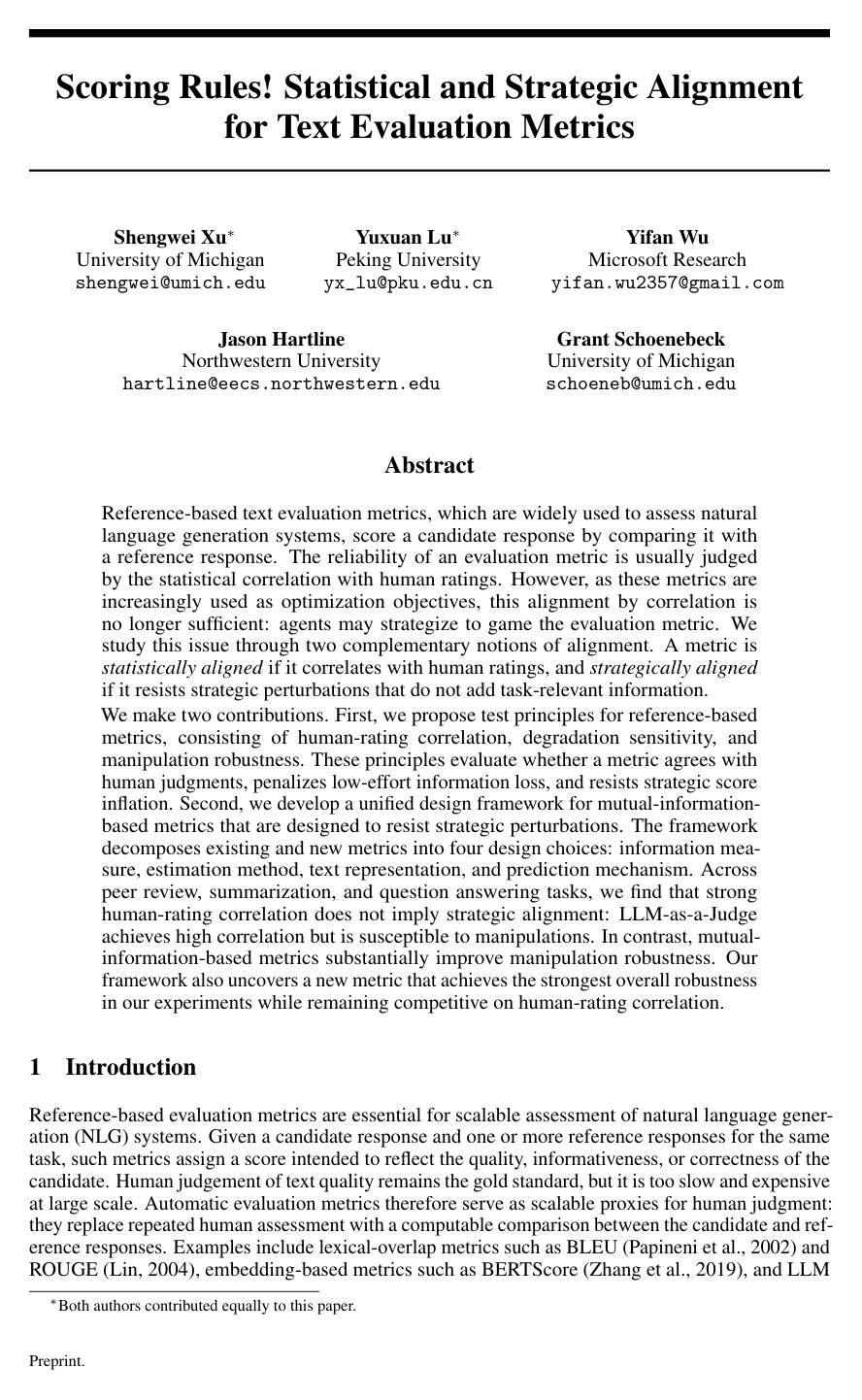 Cover for Scoring Rules! Statistical and Strategic Alignment for Text Evaluation Metrics