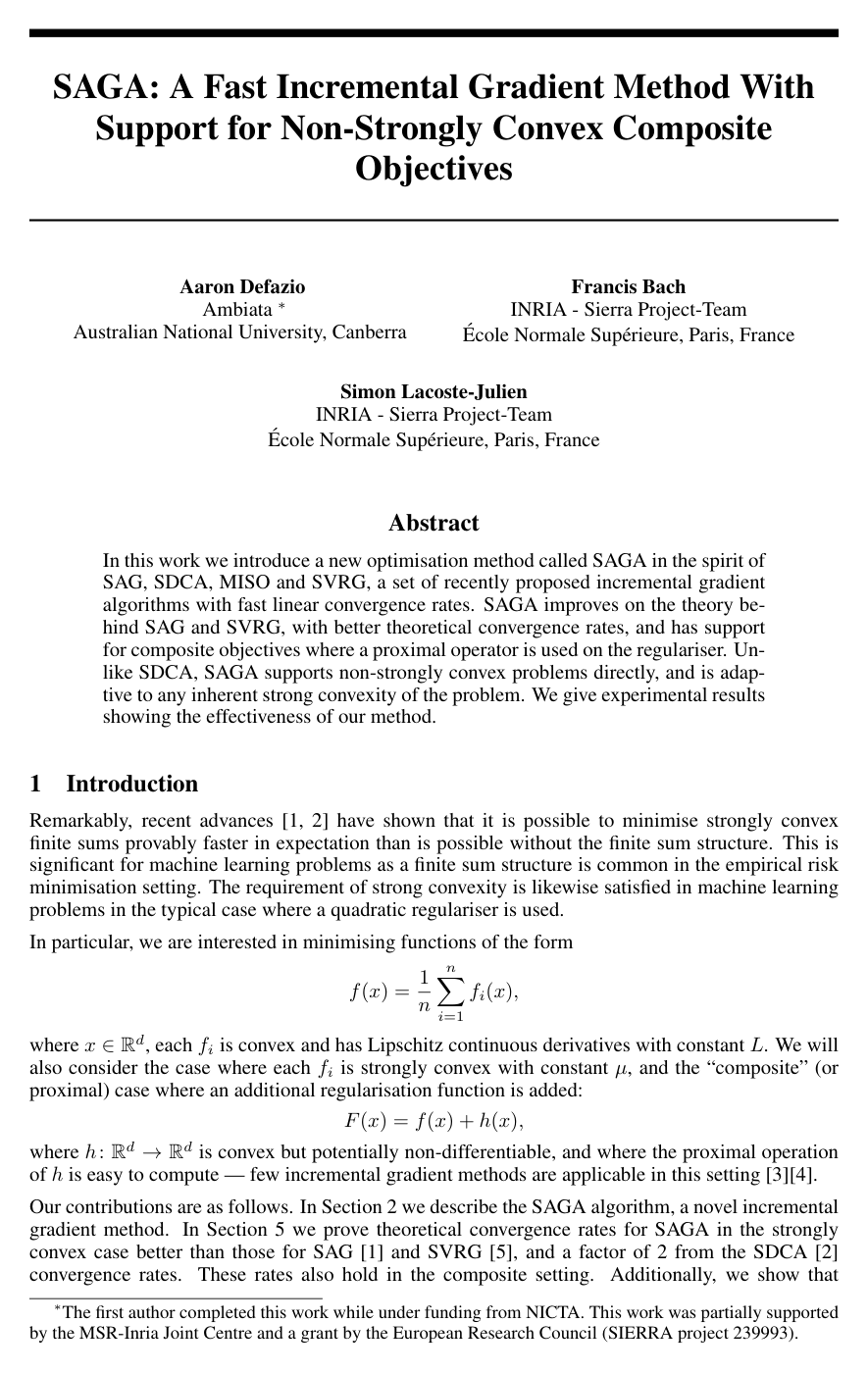 Cover for SAGA: A Fast Incremental Gradient Method With Support for Non-Strongly Convex Composite Objectives