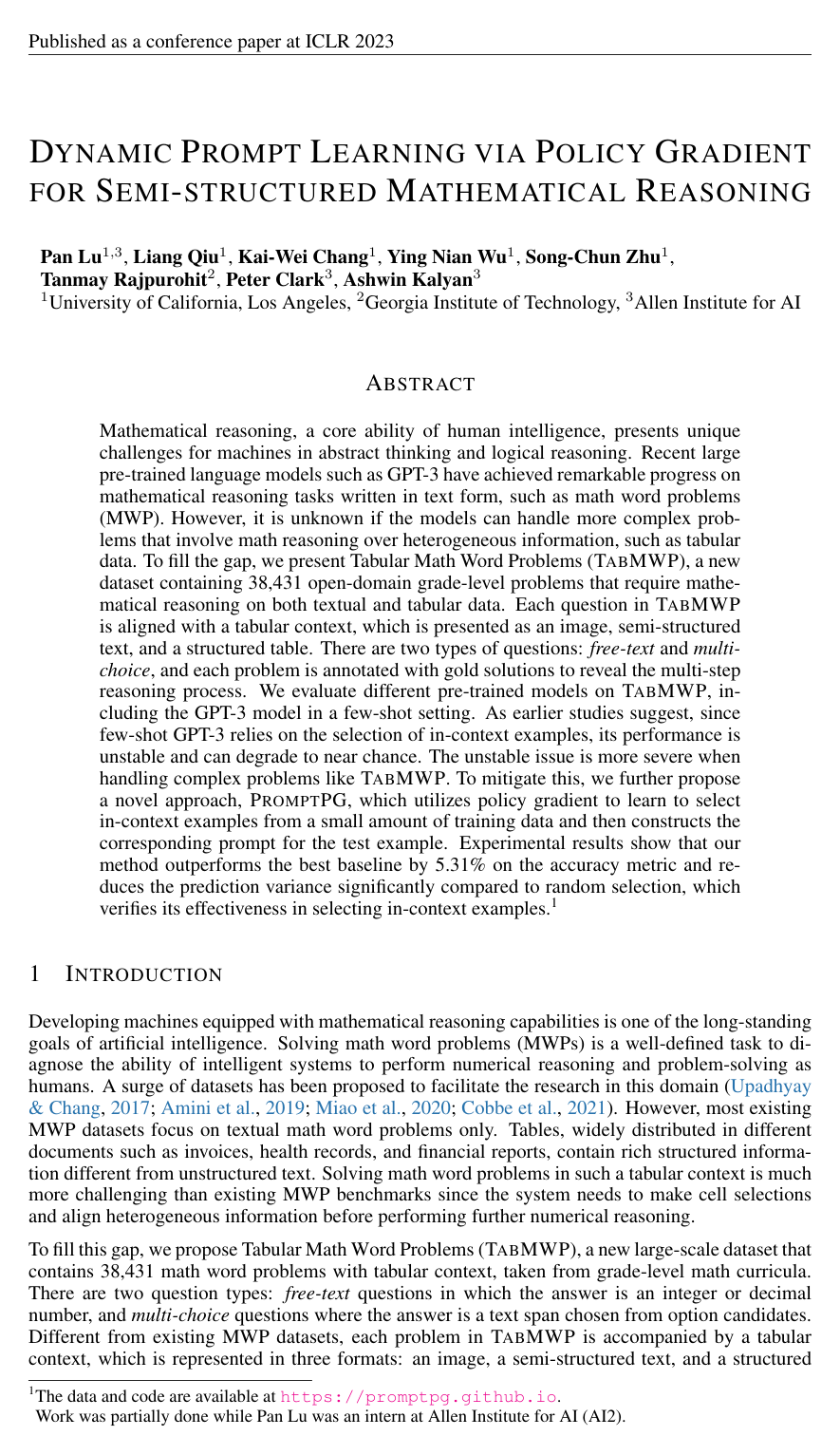 Cover for Dynamic Prompt Learning via Policy Gradient for Semi-structured Mathematical Reasoning