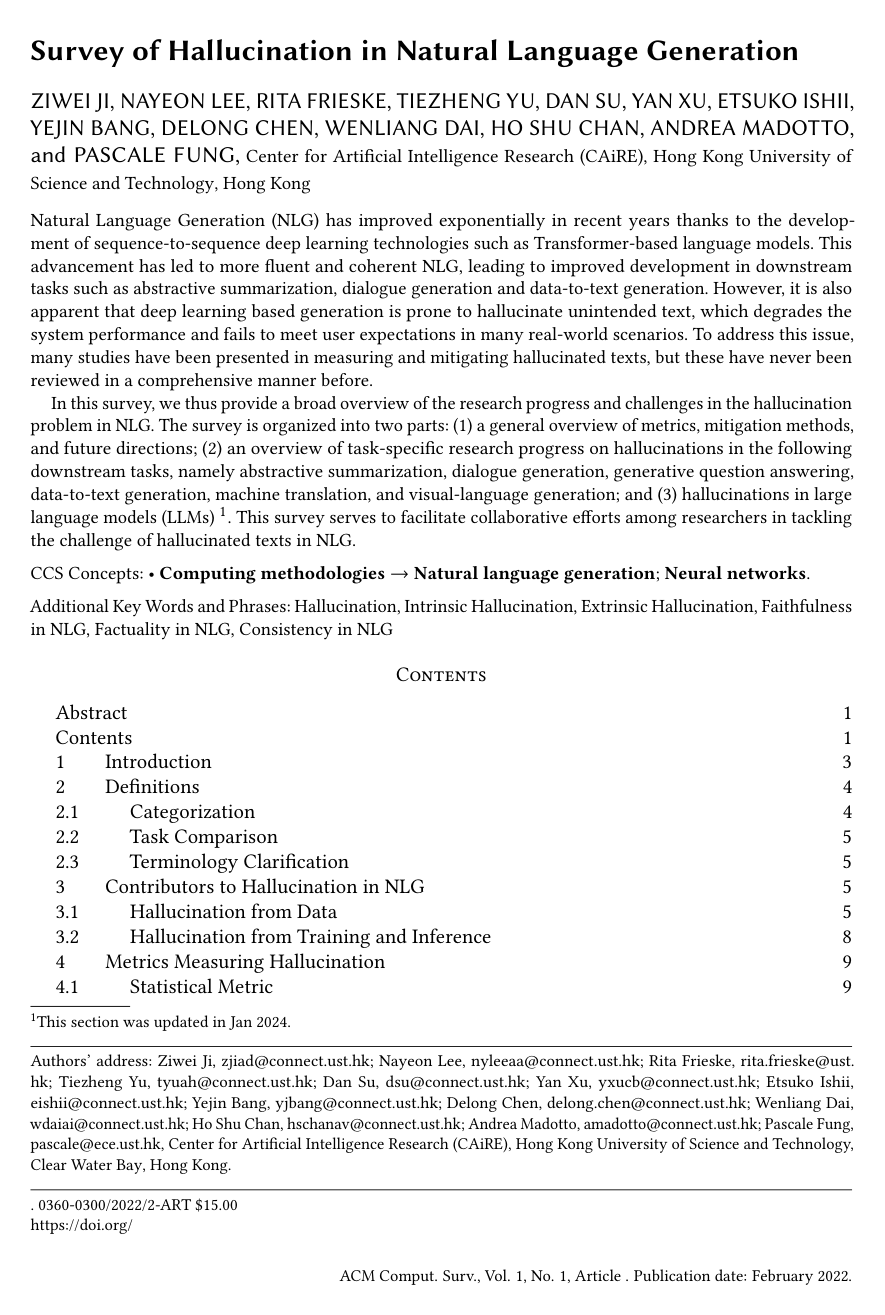 Cover for Survey of Hallucination in Natural Language Generation