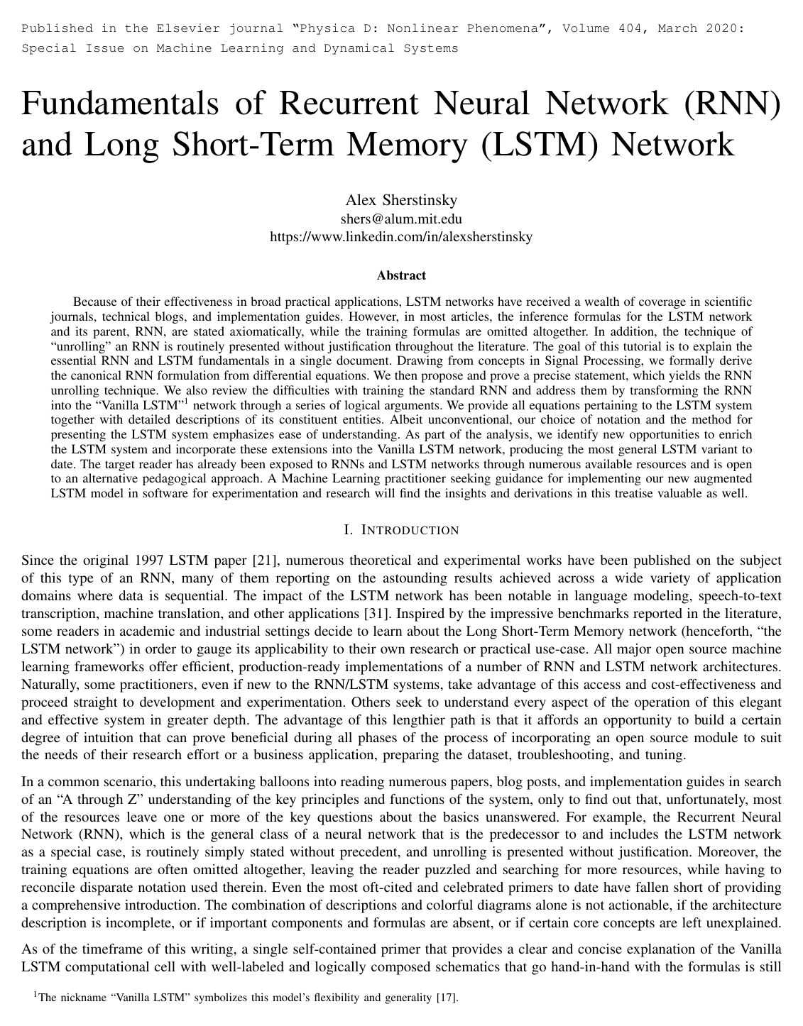 Cover for Fundamentals of Recurrent Neural Network (RNN) and Long Short-Term Memory (LSTM) Network