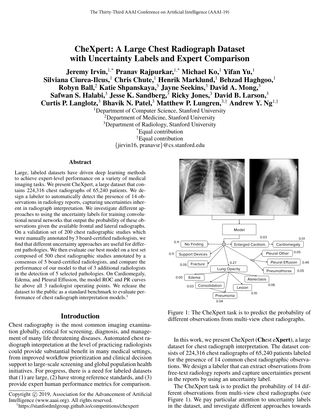 CheXpert: A Large Chest Radiograph Dataset with Uncertainty Labels and Expert Comparison