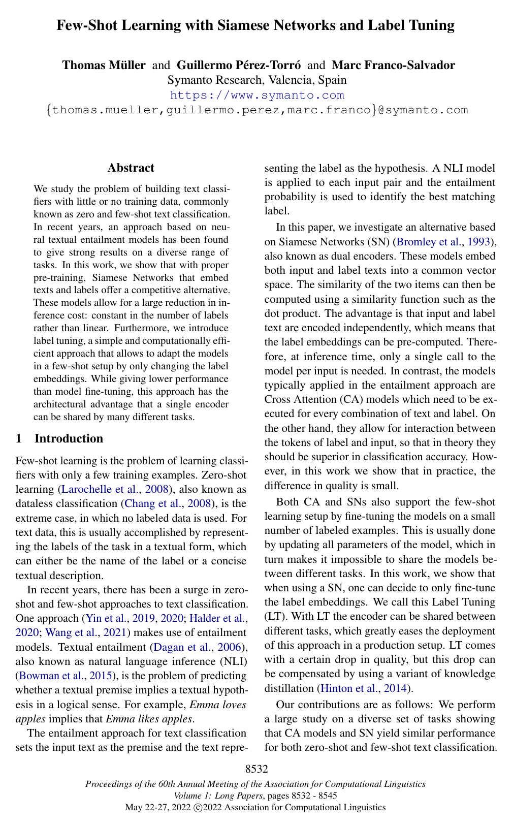 Few-Shot Learning with Siamese Networks and Label Tuning