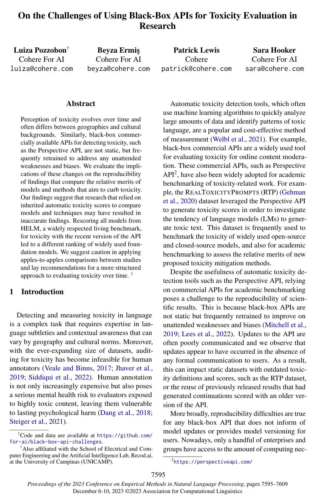 On the Challenges of Using Black-Box APIs for Toxicity Evaluation in Research