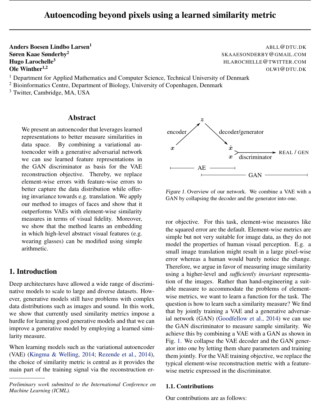 Cover for Autoencoding beyond pixels using a learned similarity metric