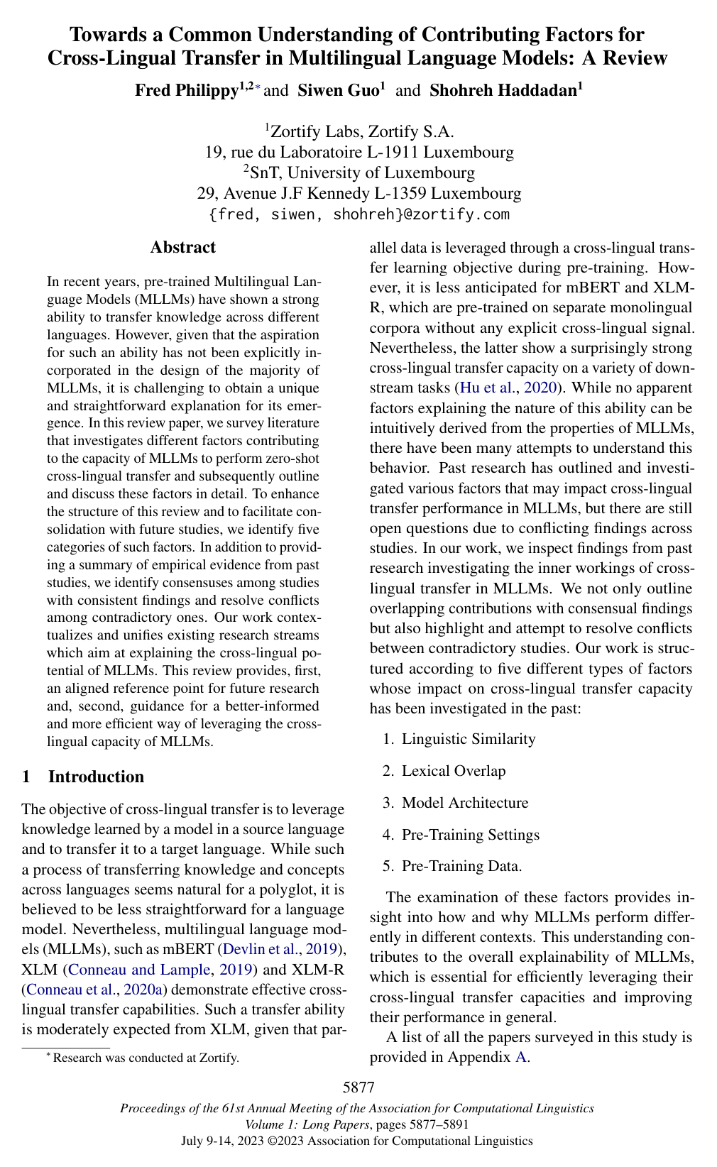 Cover for Towards a Common Understanding of Contributing Factors for Cross-Lingual Transfer in Multilingual Language Models: A Review