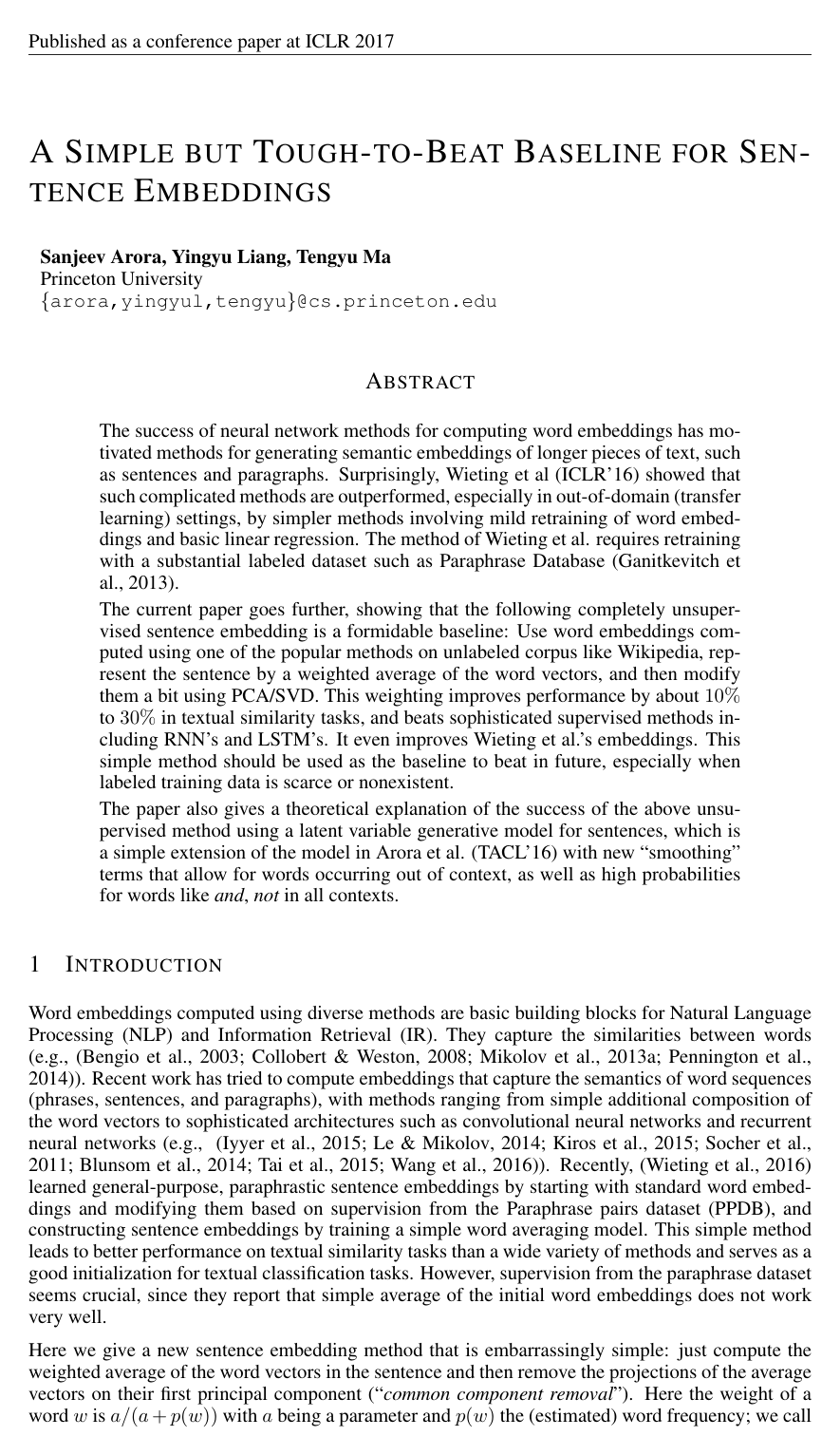Cover for A Simple but Tough-to-Beat Baseline for Sentence Embeddings