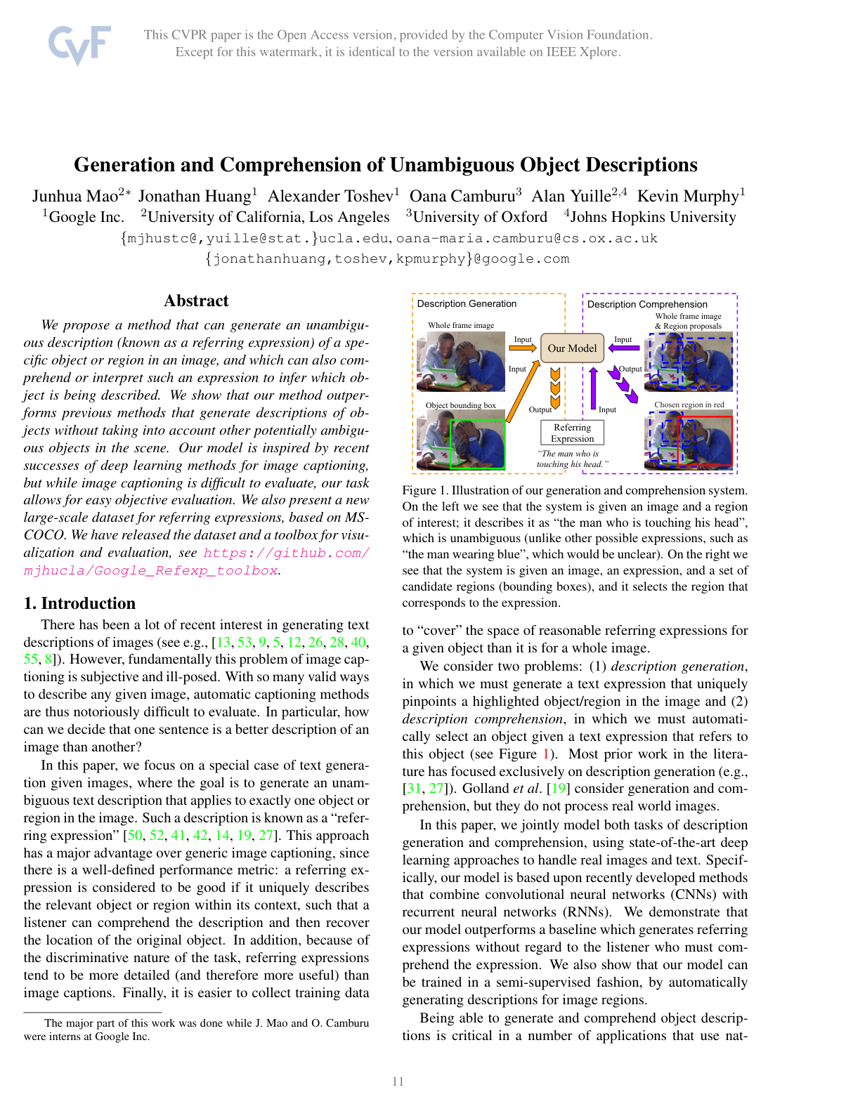 Generation and Comprehension of Unambiguous Object Descriptions