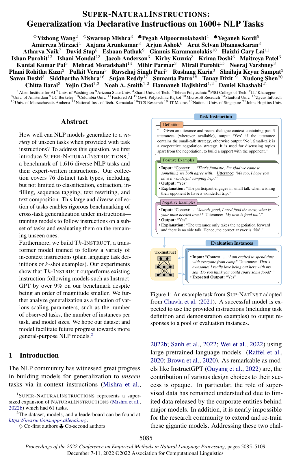 Super-NaturalInstructions: Generalization via Declarative Instructions on 1600+ NLP Tasks