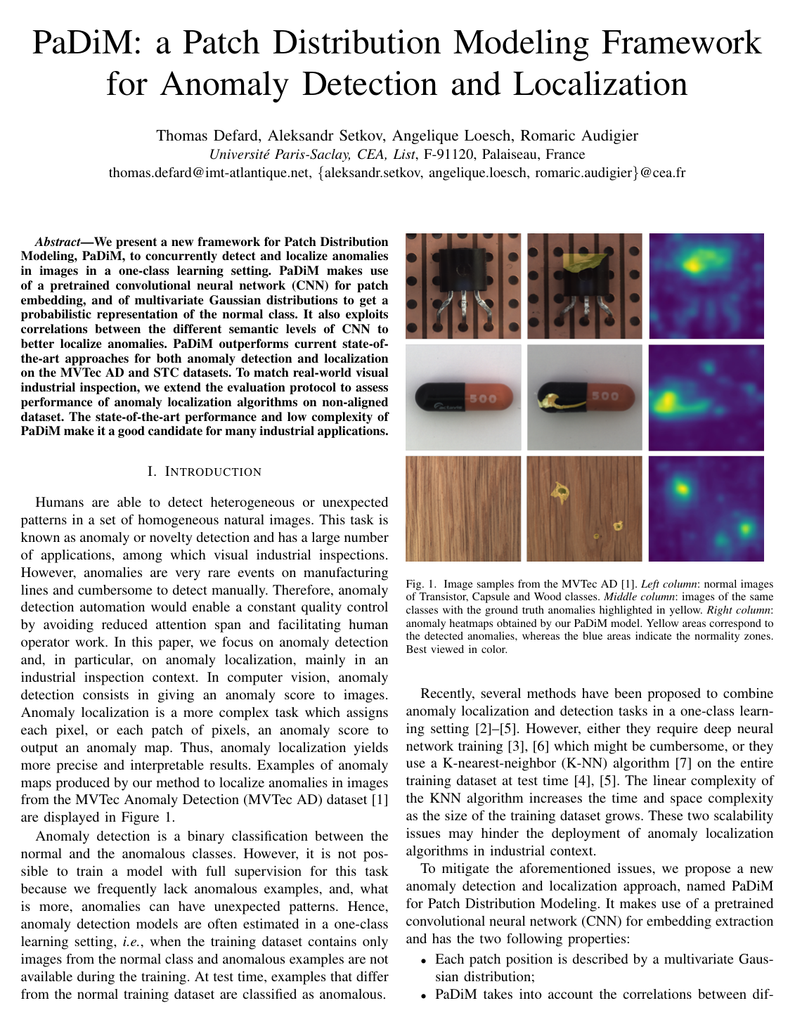 PaDiM: a Patch Distribution Modeling Framework for Anomaly Detection and Localization