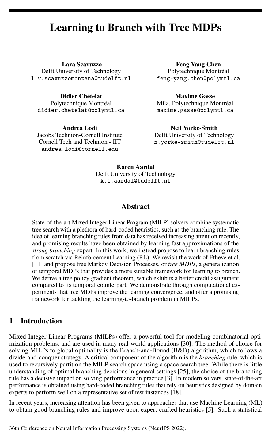 Cover for Learning to Branch with Tree MDPs