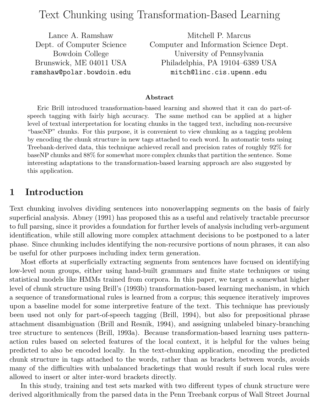 Cover for Text Chunking using Transformation-Based Learning