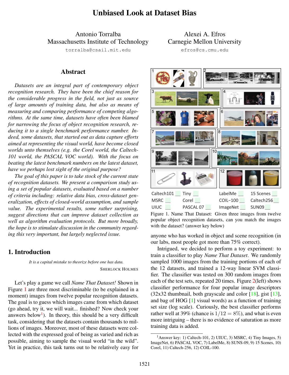 Cover for Unbiased look at dataset bias