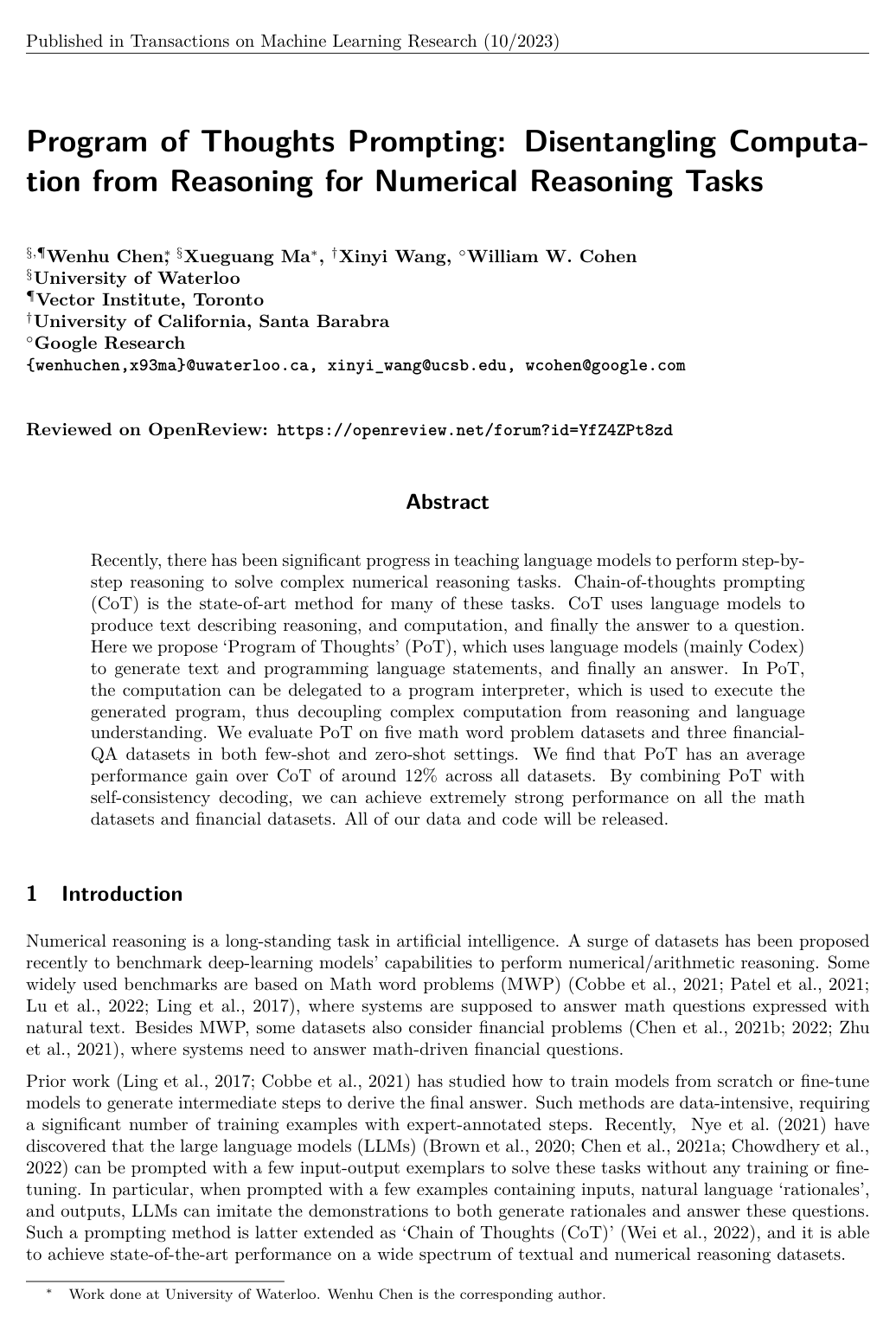 Cover for Program of Thoughts Prompting: Disentangling Computation from Reasoning for Numerical Reasoning Tasks