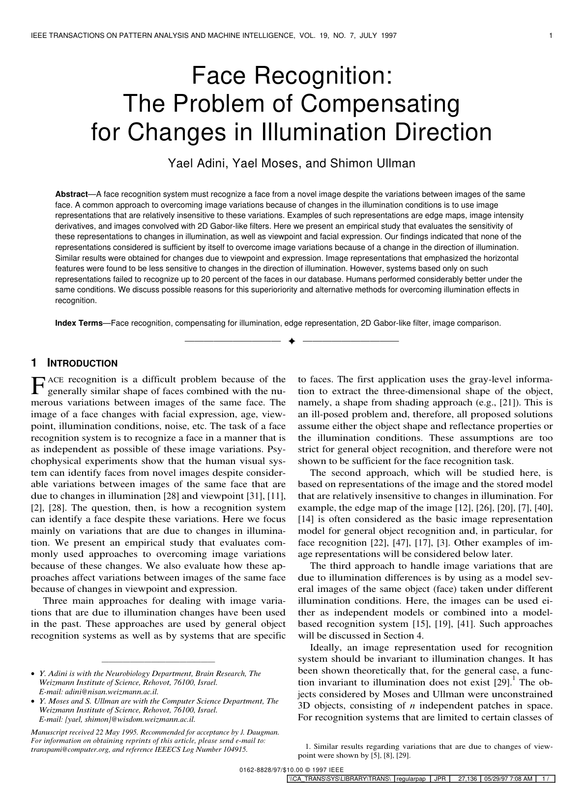 Face Recognition: The Problem of Compensating for Changes in Illumination Direction