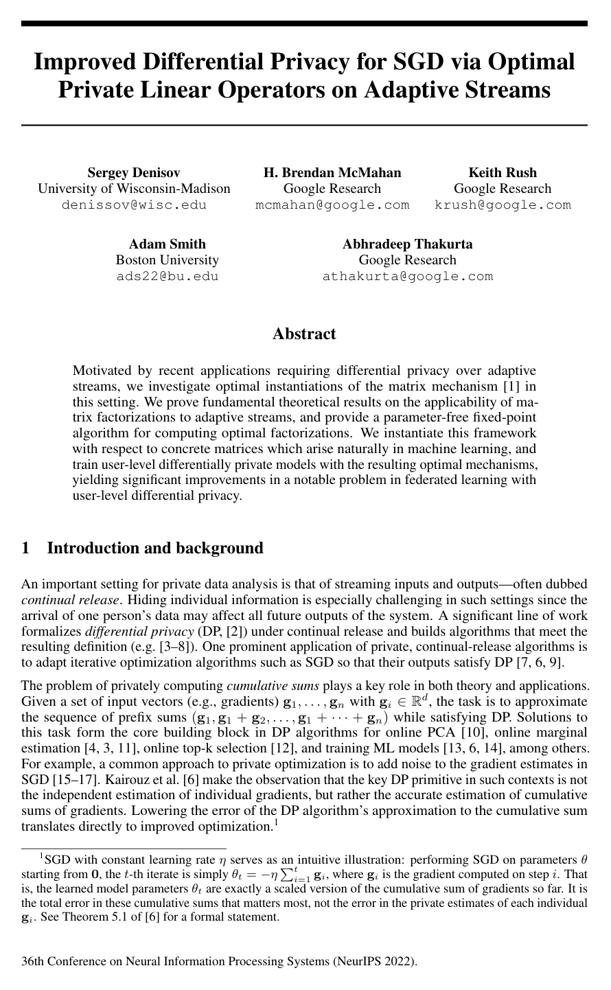 Cover for Improved Differential Privacy for SGD via Optimal Private Linear Operators on Adaptive Streams