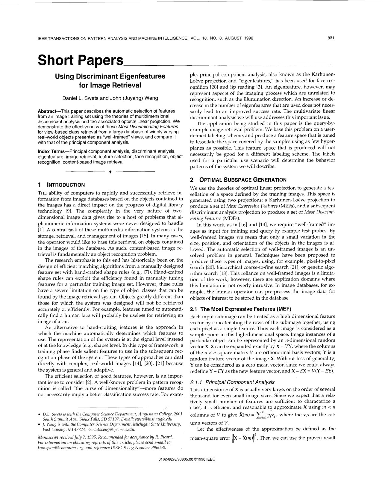 Cover for Using Discriminant Eigenfeatures for Image Retrieval