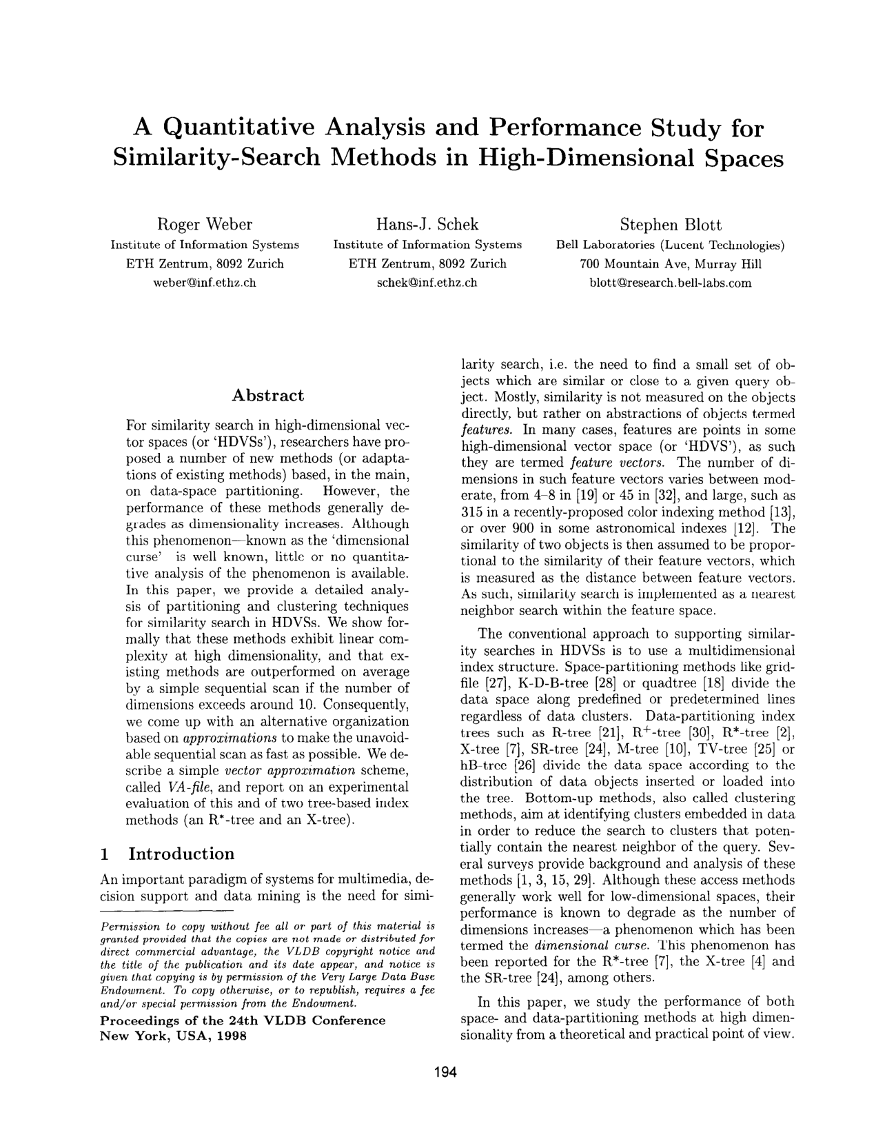 Cover for A Quantitative Analysis and Performance Study for Similarity-Search Methods in High-Dimensional Spaces