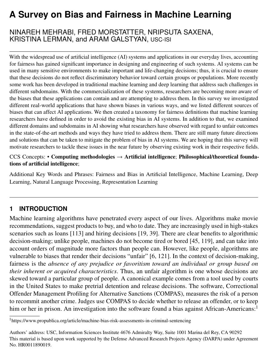 Cover for A Survey on Bias and Fairness in Machine Learning