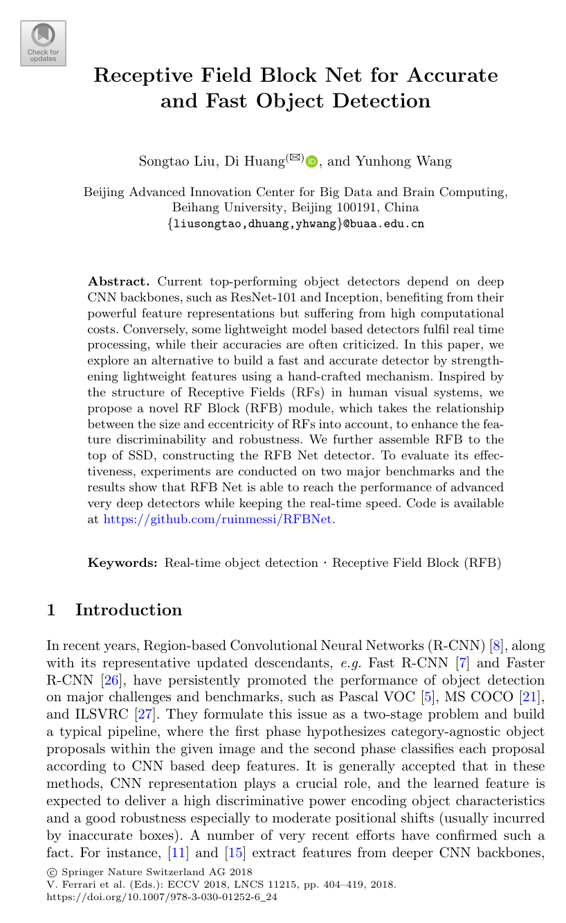 Receptive Field Block Net for Accurate and Fast Object Detection