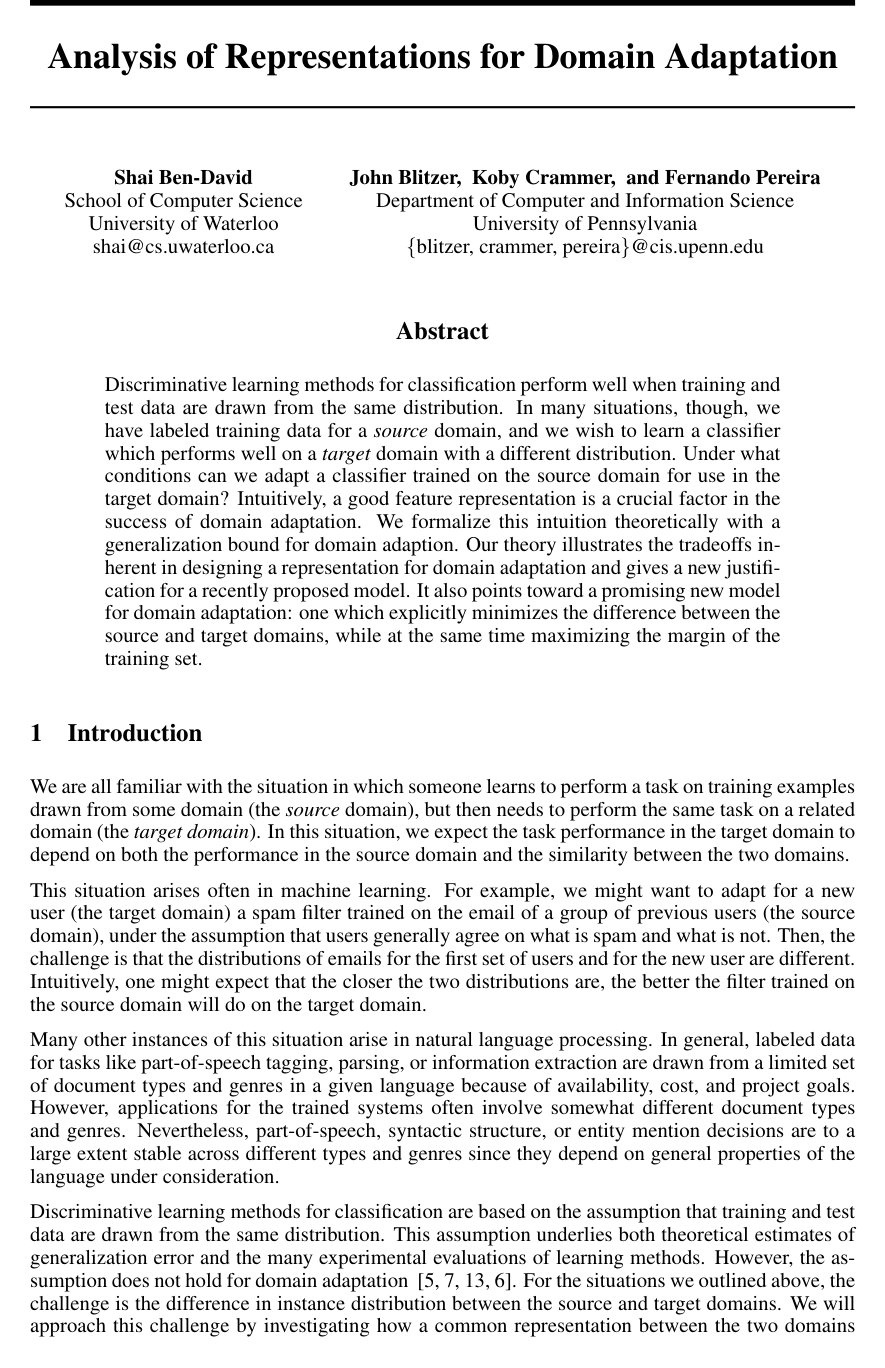 Cover for Analysis of Representations for Domain Adaptation