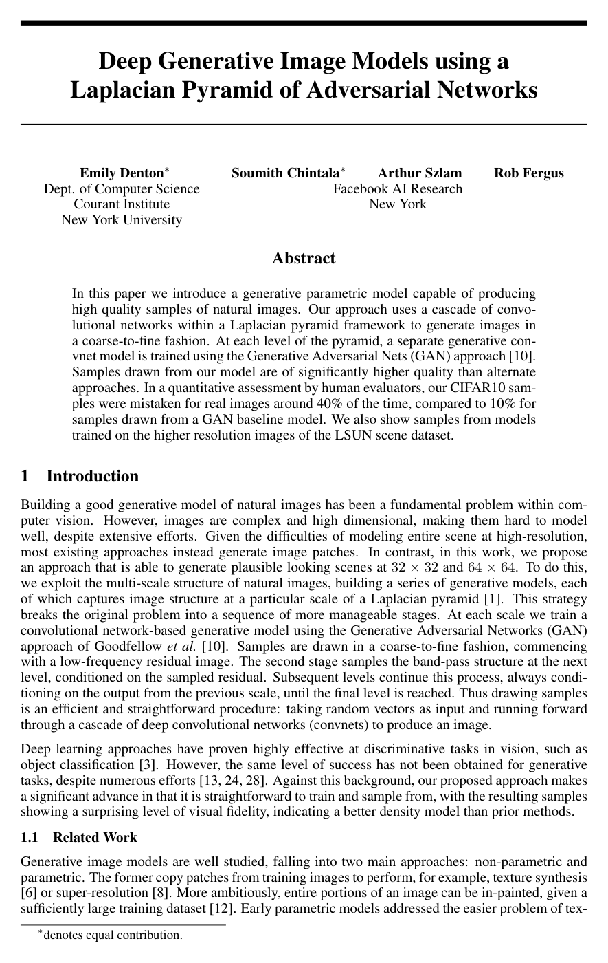 Cover for Deep Generative Image Models using a Laplacian Pyramid of Adversarial Networks