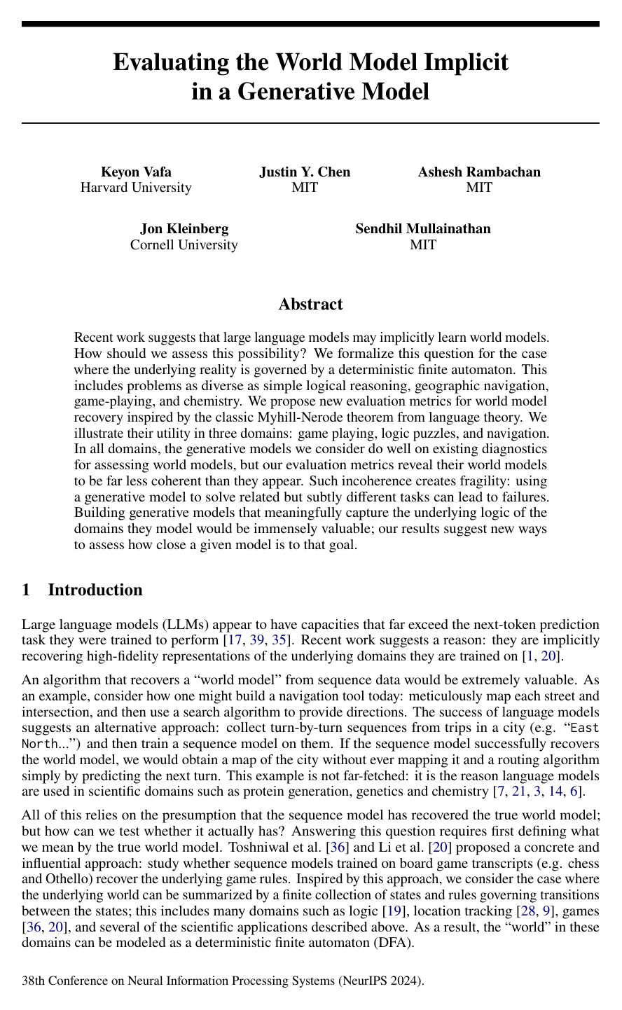 Cover for Evaluating the World Model Implicit in a Generative Model