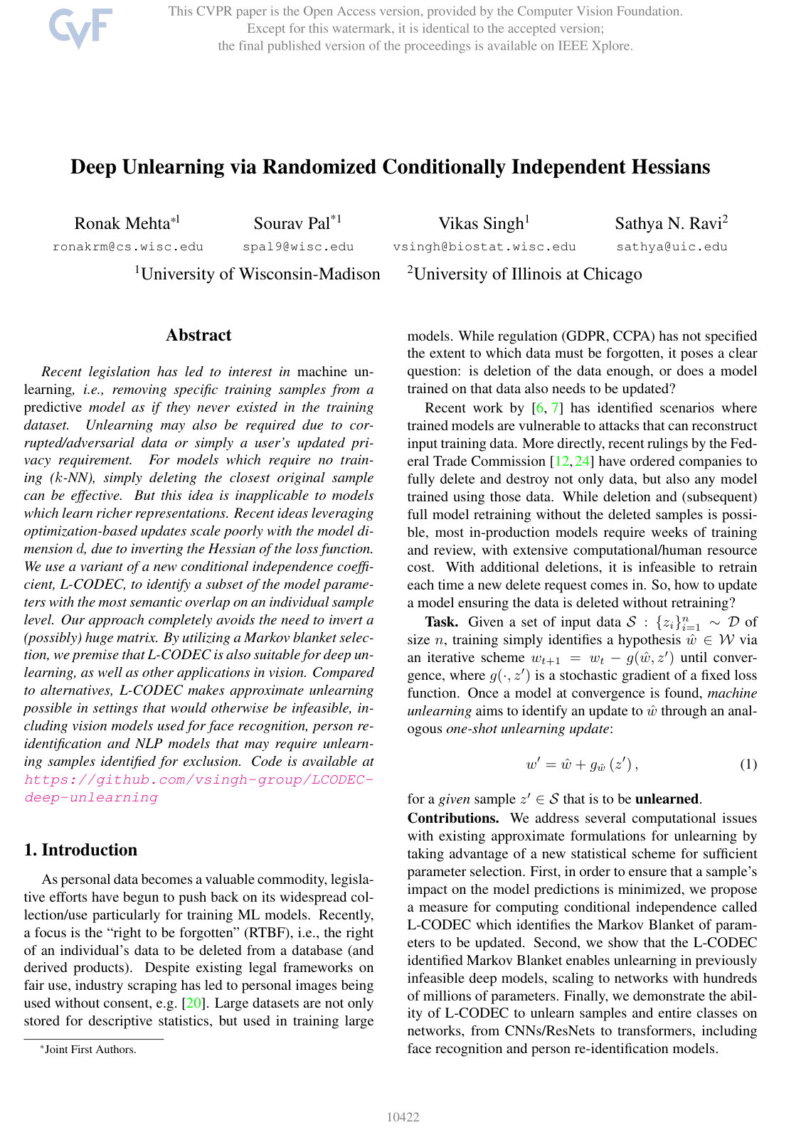 Deep Unlearning via Randomized Conditionally Independent Hessians