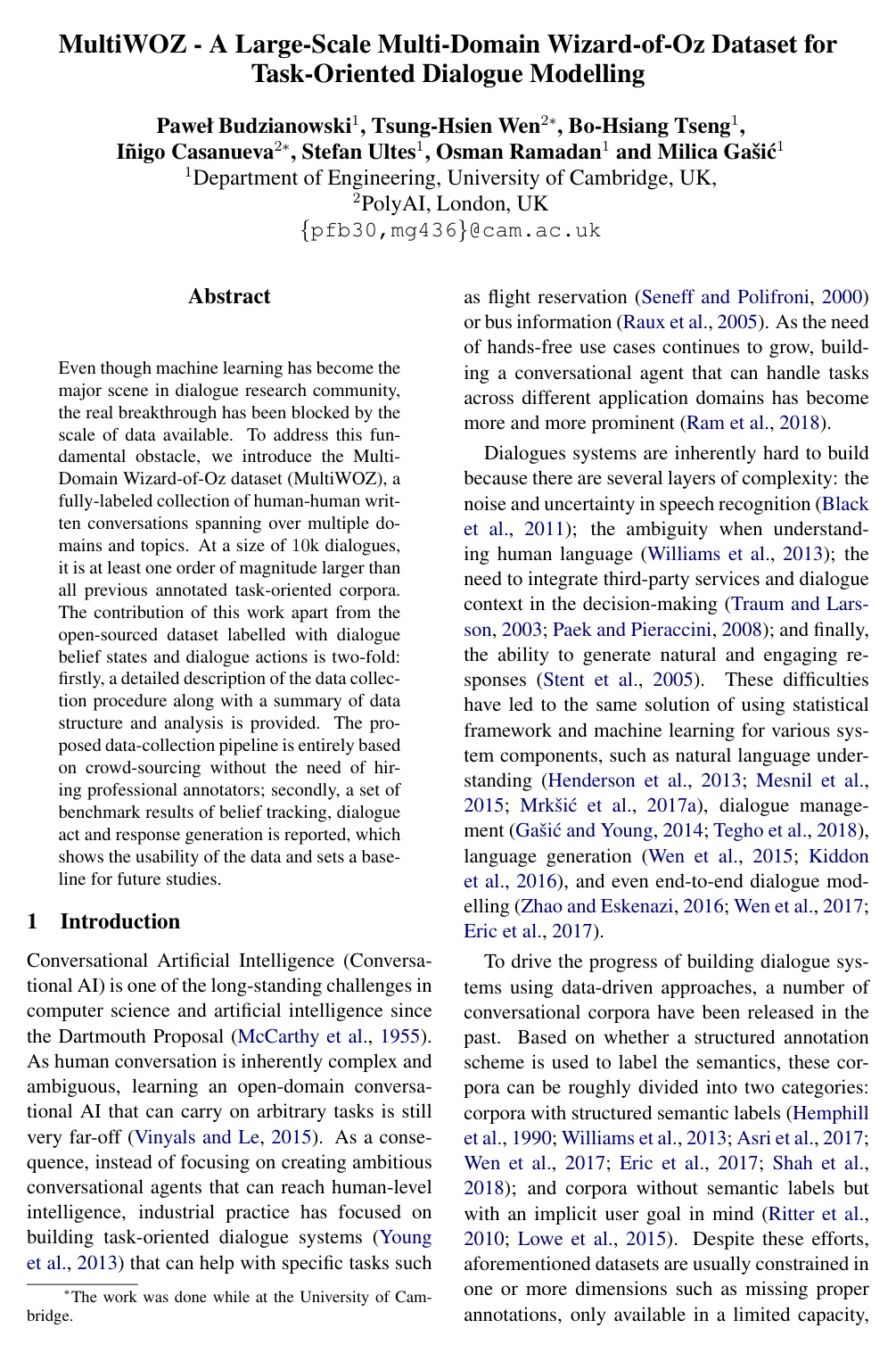 Cover for MultiWOZ - A Large-Scale Multi-Domain Wizard-of-Oz Dataset for Task-Oriented Dialogue Modelling