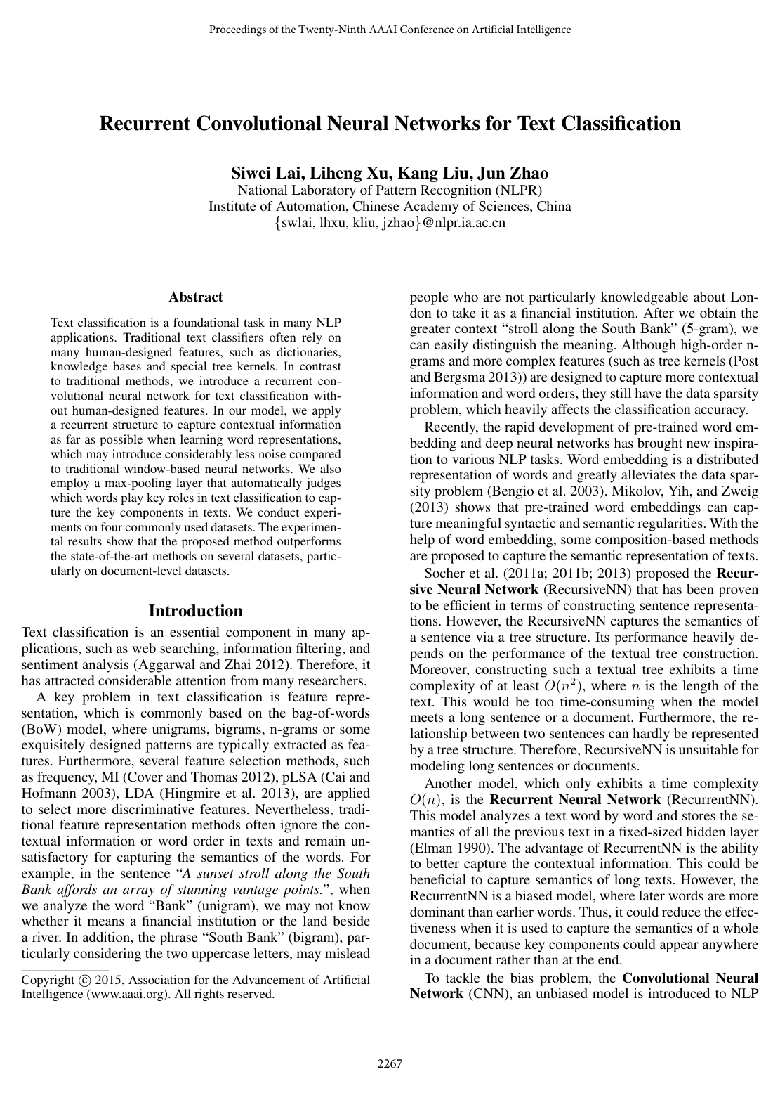 Cover for Recurrent Convolutional Neural Networks for Text Classification