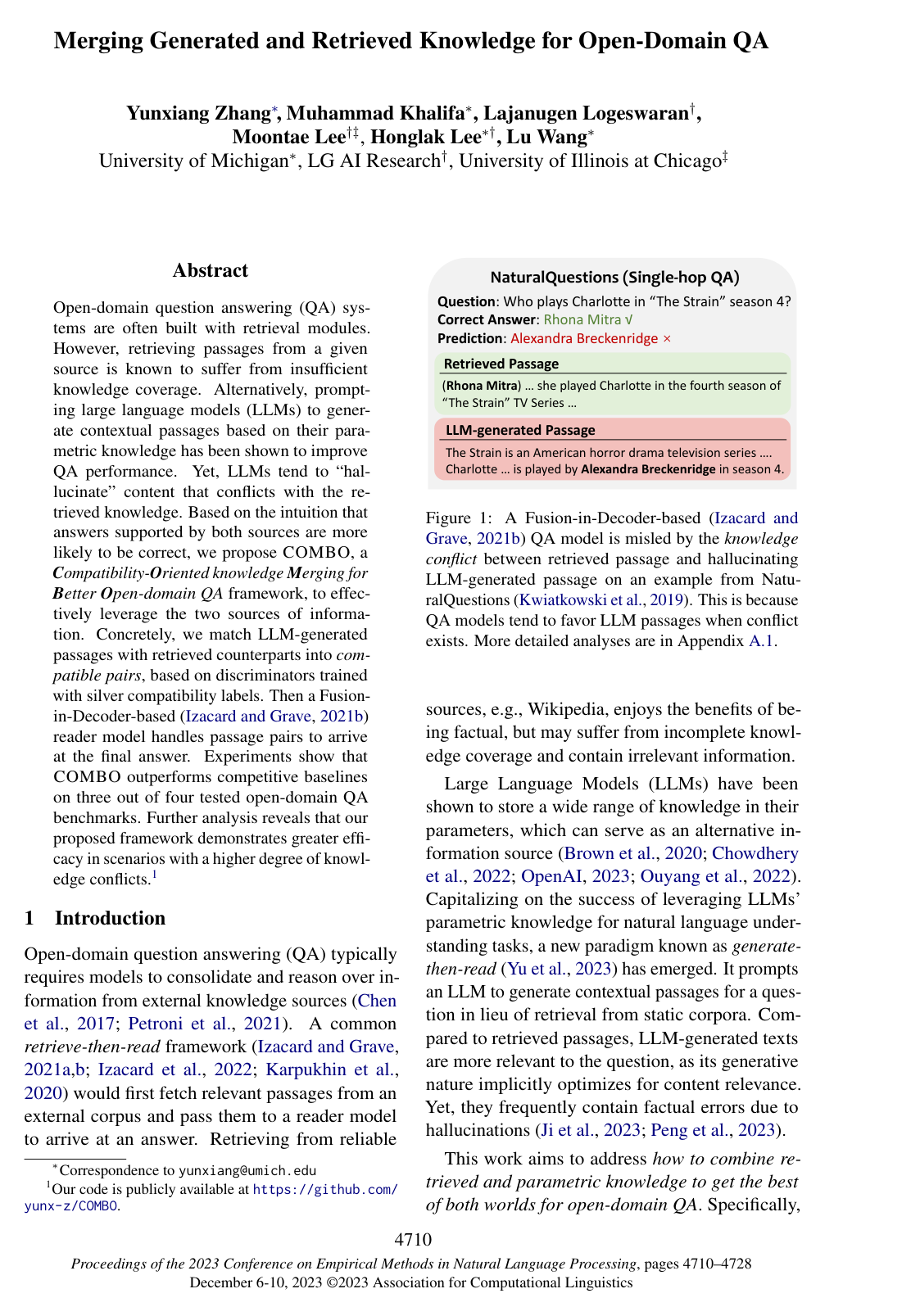 Merging Generated and Retrieved Knowledge for Open-Domain QA