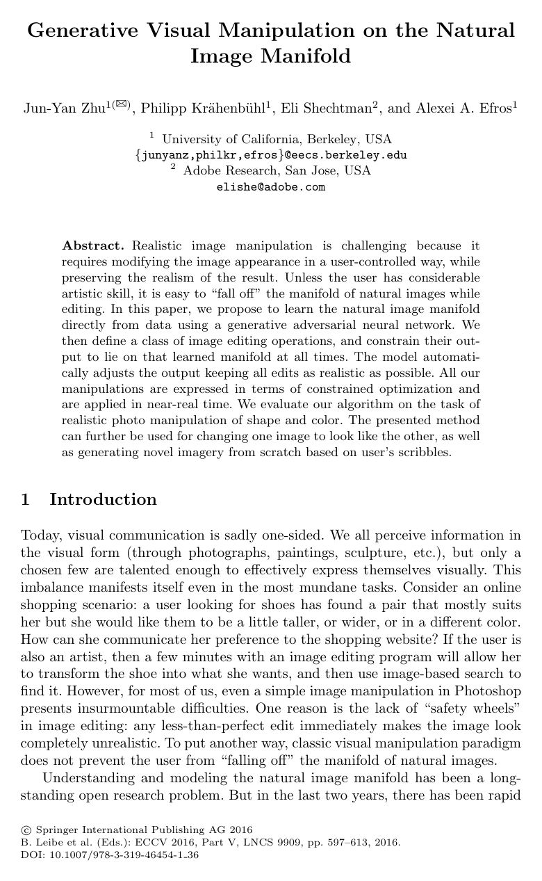Cover for Generative Visual Manipulation on the Natural Image Manifold