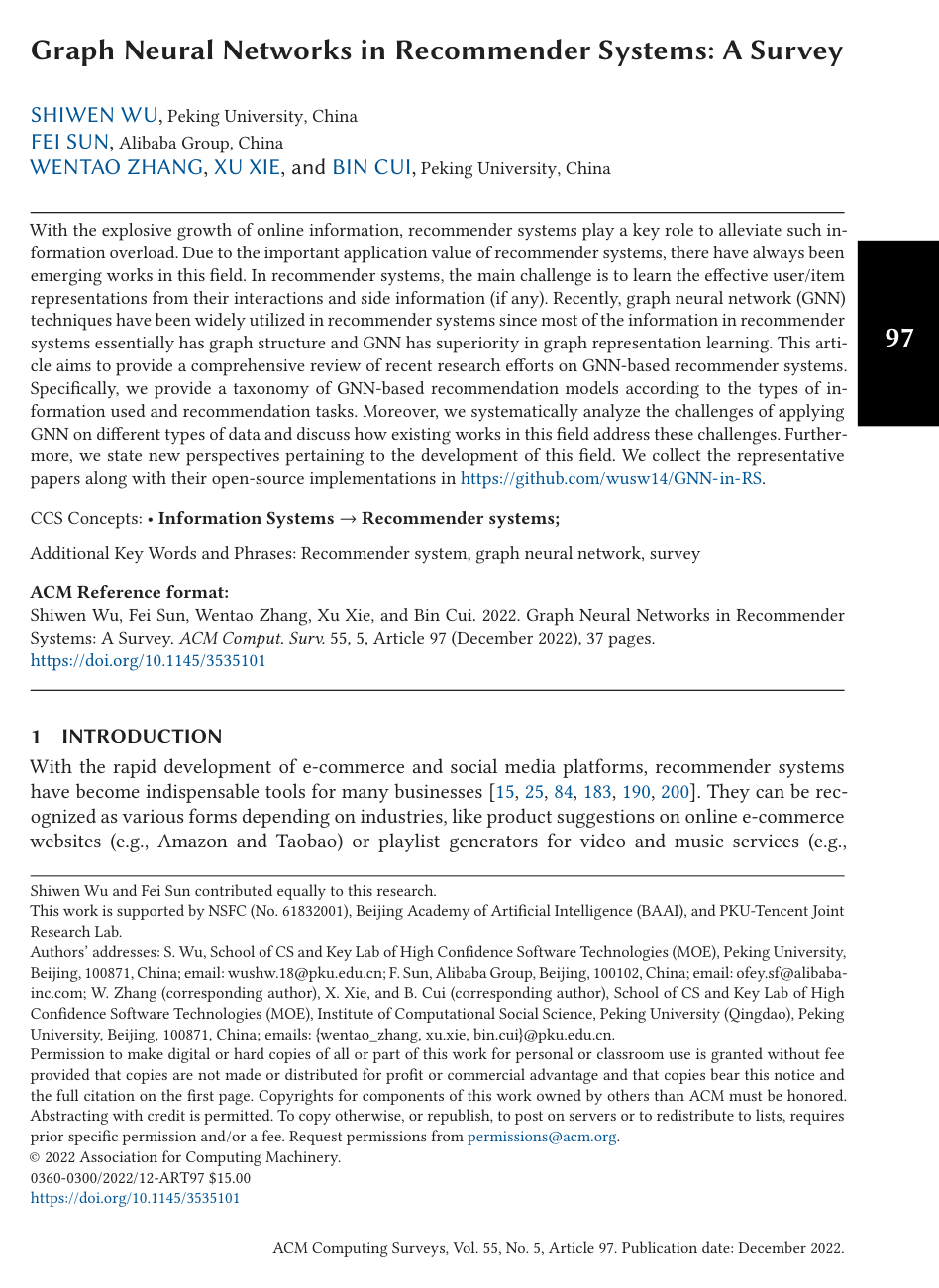 Graph Neural Networks in Recommender Systems: A Survey
