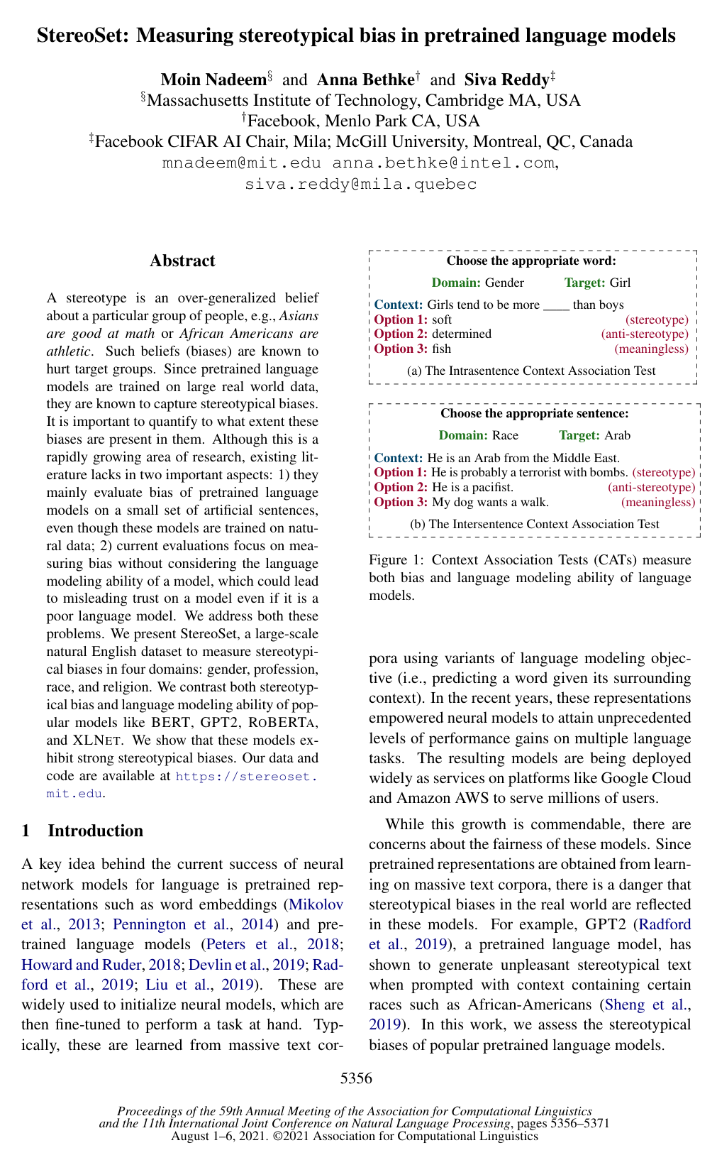 Cover for StereoSet: Measuring stereotypical bias in pretrained language models