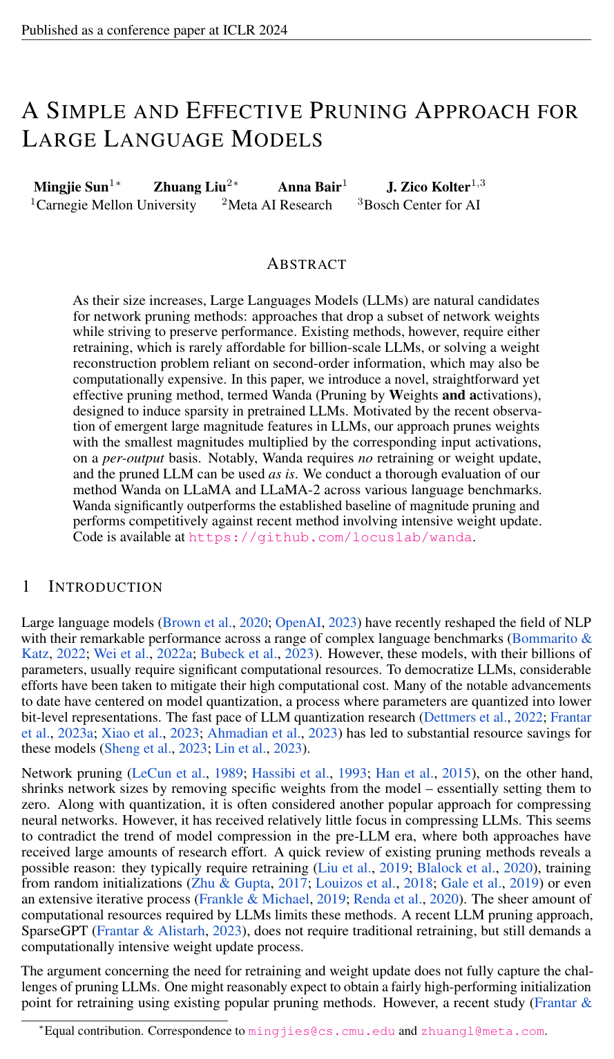 A Simple and Effective Pruning Approach for Large Language Models